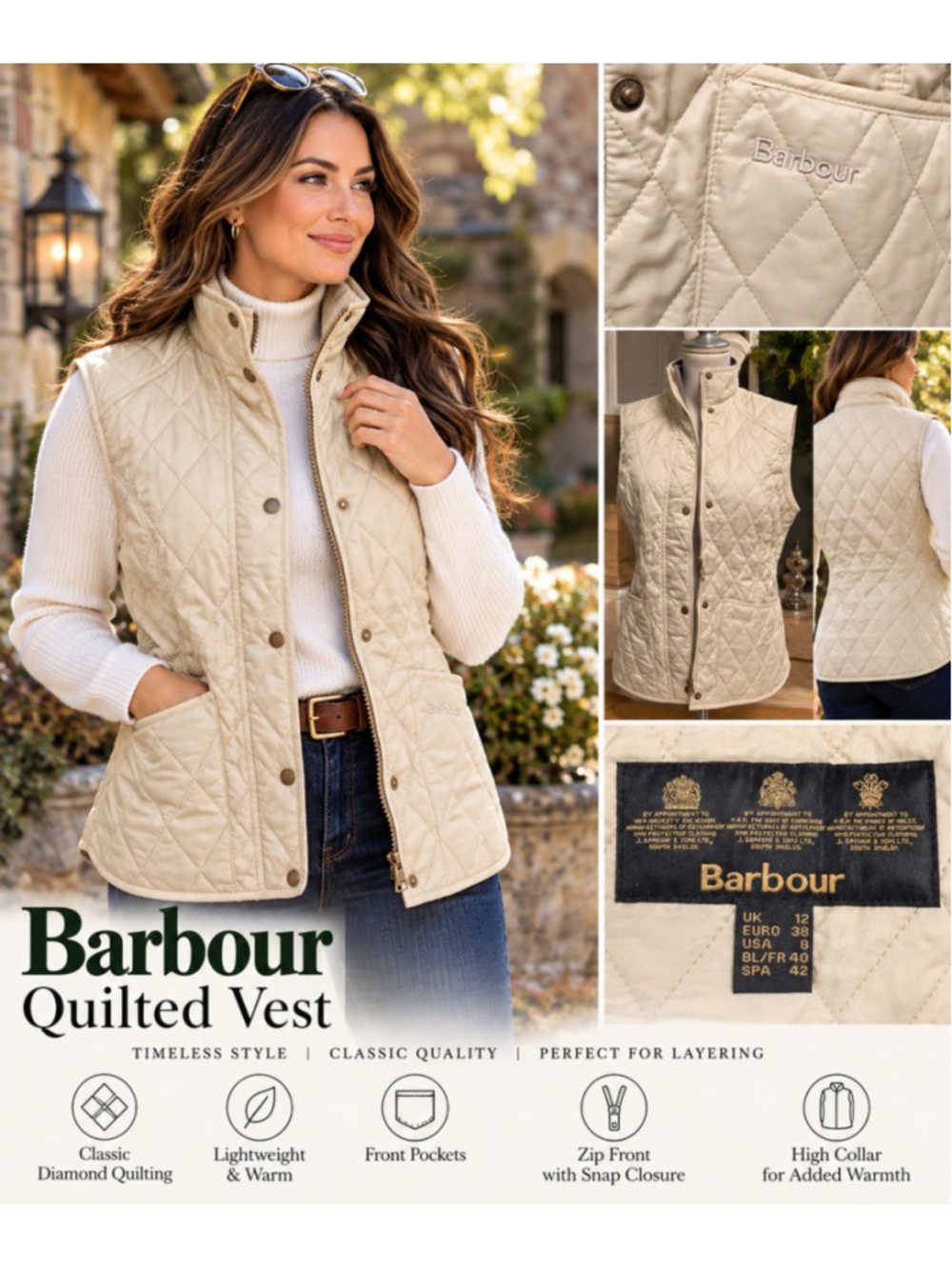 Barbour Women’s Cream Diamond Quilted Gilet Vest Heritage Classic USA 8 UK 12